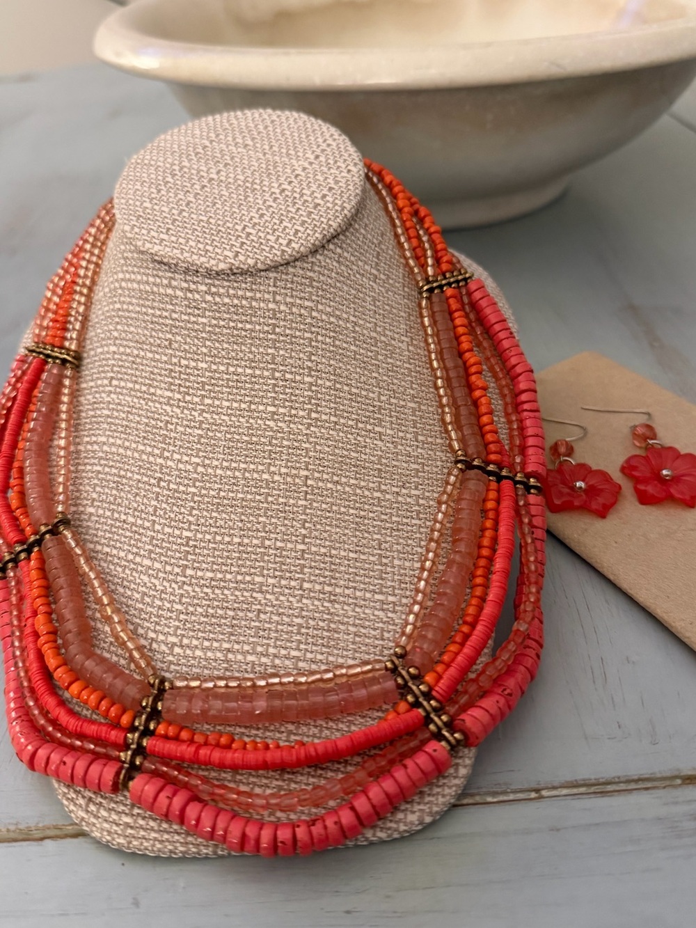 Multi-Strand Red & Coral Beaded Necklace with Matching Earrings